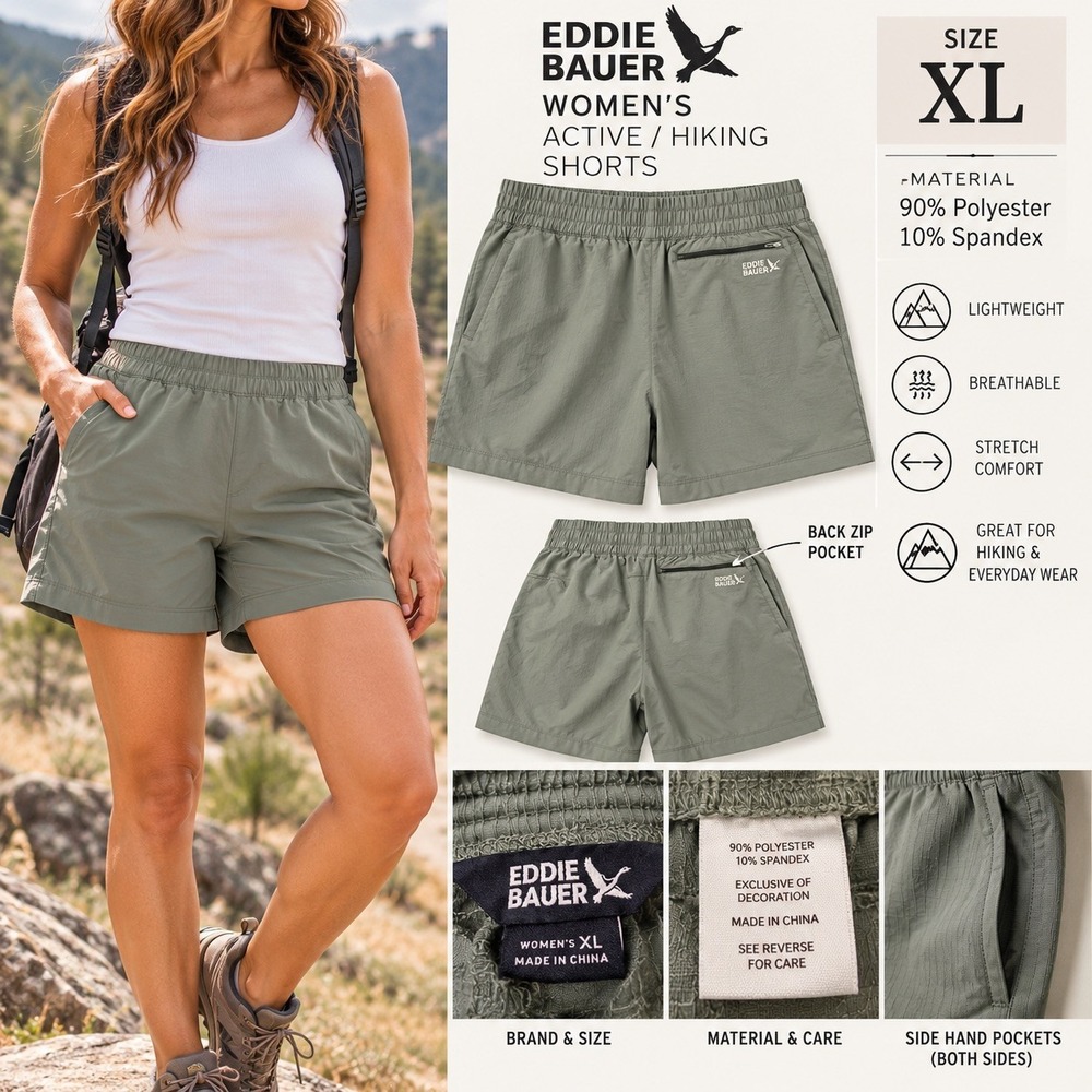 Eddie Bauer Womens XL Sage Green Active Hiking Shorts Ripstop Stretch 5" Inseam